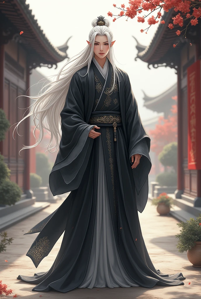 a young man, slim body, long white hair, wearing black and gray Chinese traditional clothes.