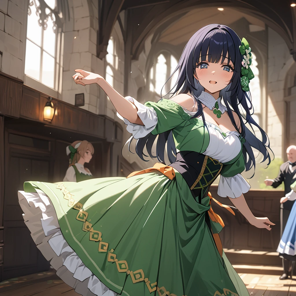 ((Highest quality)), ((masterpiece)), (detailed), (Perfect Face)、The woman is Reika Aoki with semi-long hair、A woman is dancing Irish in an Irish costume in Ireland