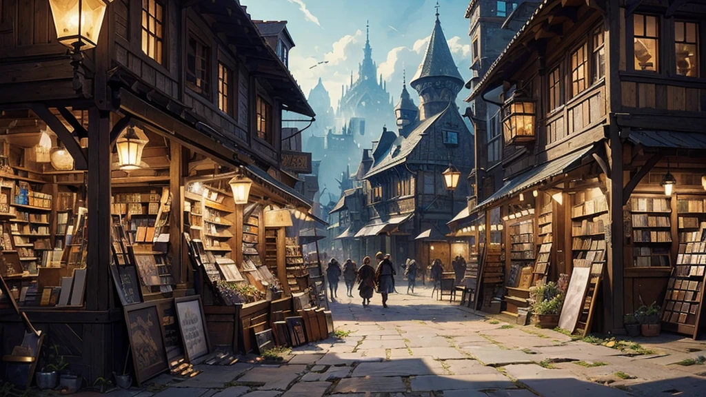 ((masterpiece)),((Highest quality)),((High Detail)),nobody,background,fantasy, City of Fantasy, Bright Square, blacksmith, market, Weapons shop, Used bookstore, merchant, knight