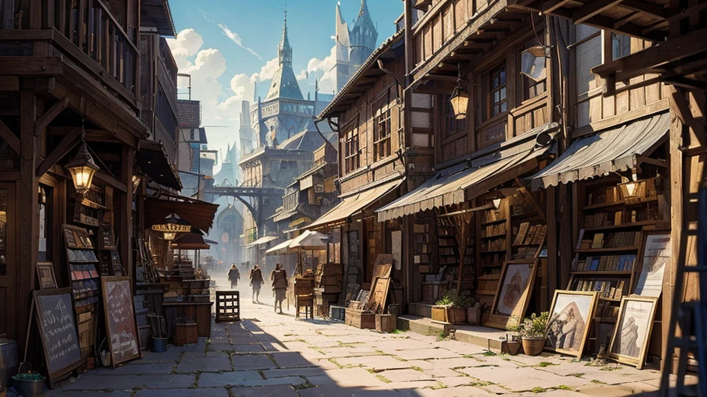 ((masterpiece)),((Highest quality)),((High Detail)),nobody,background,fantasy, City of Fantasy, Bright Square, blacksmith, market, Weapons shop, Used bookstore, merchant, knight