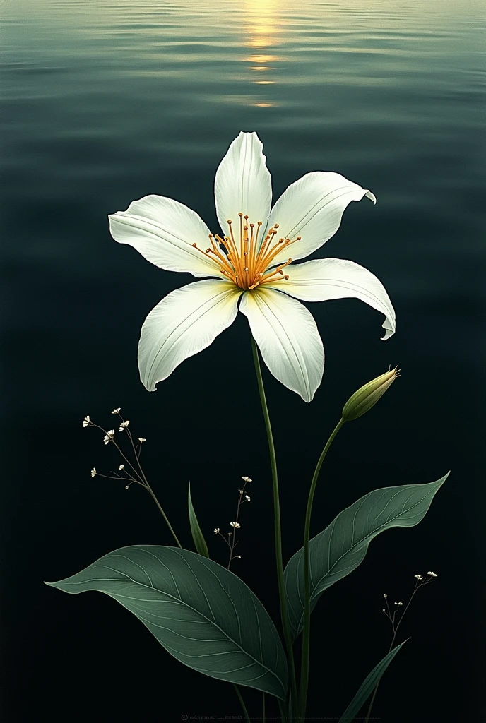 2D handicraft artwork, white flower with 6 long, thin petals, background is black water with a little green line.