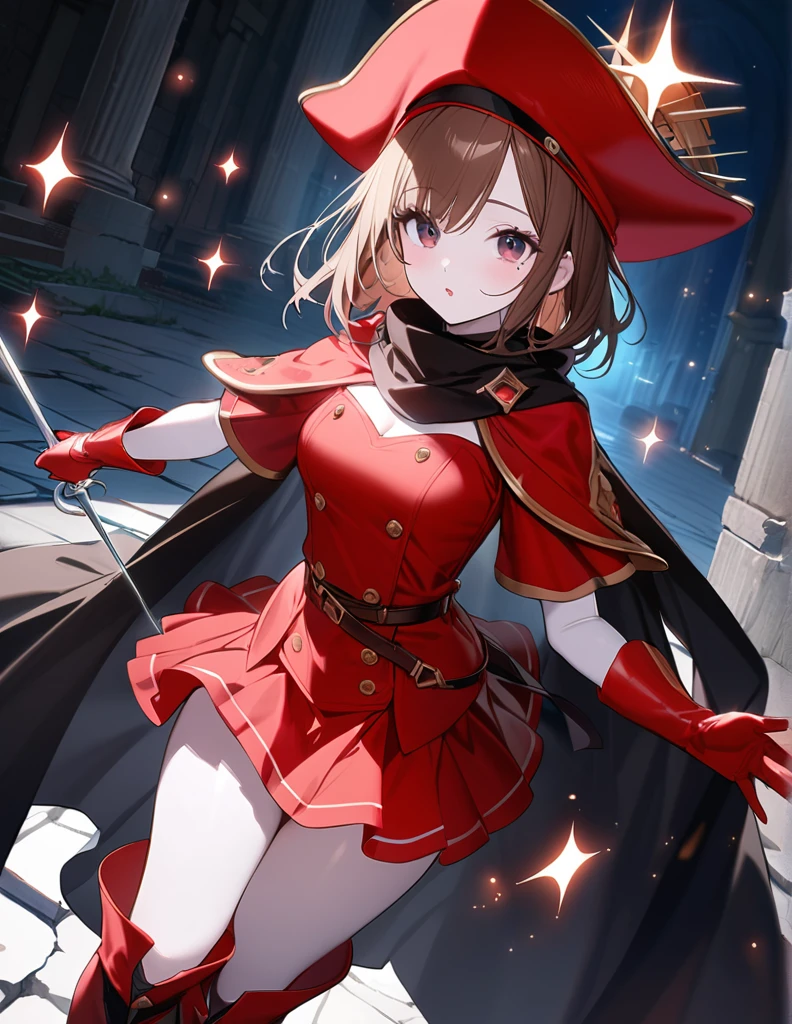 (One Woman),(Best image quality, 32K, masterpiece:1.3),((Brown medium hair:1.1)),(Swept-apart bangs,), (Cute eyes, Dark Eyes), (Detailed eyes),(Mole under right eye), (Standard weight), (Glowing Skin:1.1),(Pale skin:1.2),(A fantastic atmosphere),(look up),Ultra-high resolution, Textured skin, Sparkle Effect, whole body,absolute thigh area,Red Mage,
Red Musketeer Outfit,Red Musketeer Feathered Hat,Have a rapier,Cast magic,Put fire out of your hands,magic circle,Red Cape,Black scarf,Red, luxurious long boots,Black Mini Skirt,Red luxurious long gloves,Leg belt,Leg Ring,Rapier sheath,
Slanted Eyes,
Ancient temple,