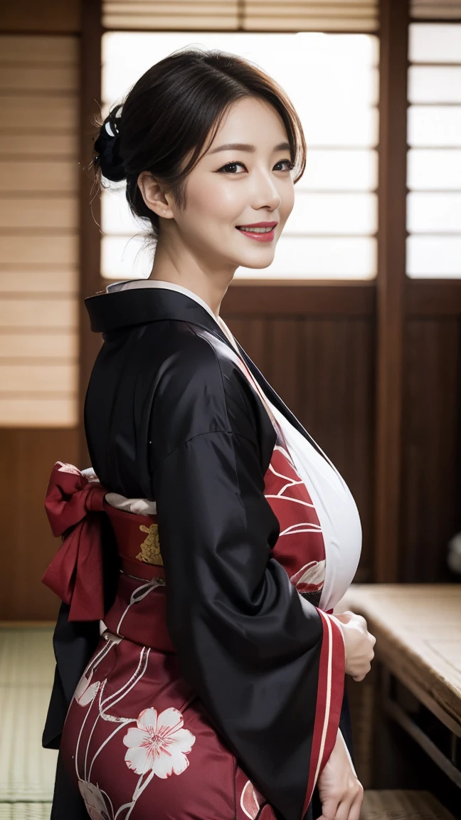 Mature attractive sexy woman,50 years old, ((kimono)),((black))、(((kimono))),Shut,((Big Breasts:1.2)),(Facial wrinkles:1.3),light makeup,Light brown hair,Long Hair,(Full body photo:0.85),(Emphasize big buttocks),8k, RAW Photos, Highest quality, Laughter,masterpiece,Highest quality、A gentle smile、A gaze that seduces viewers、Random Hairstyles、Japanese-style room、Shoji Screen、((Facing forward))、((Décolletage))、((Staring at the audience))、