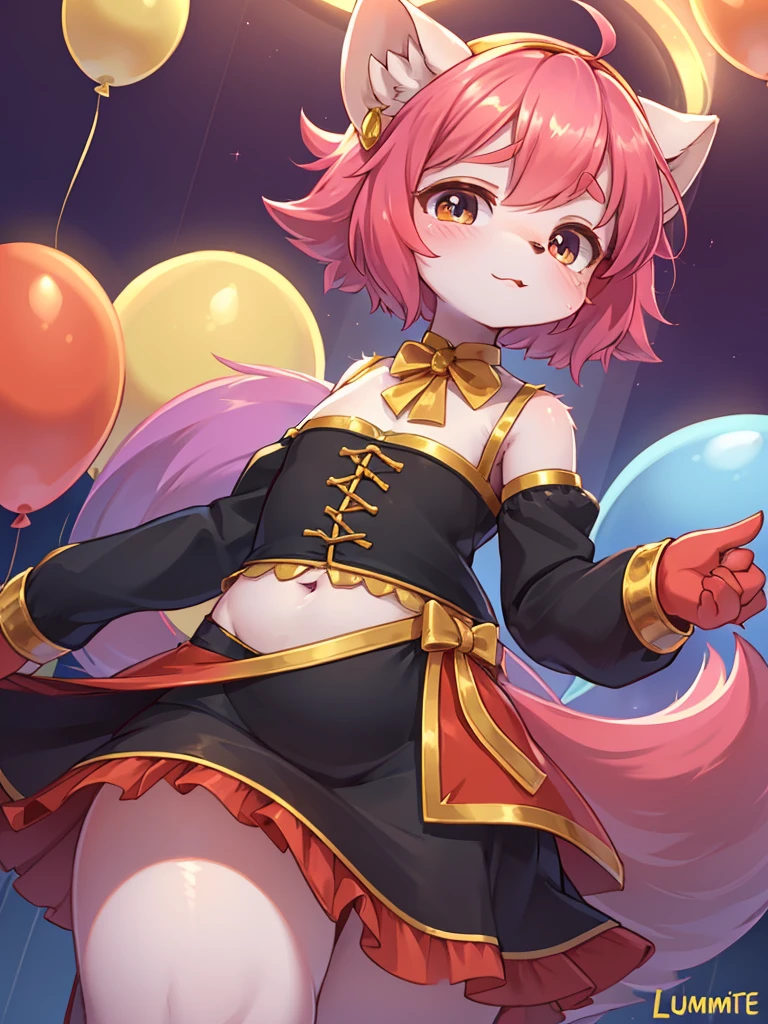 childish girl , dancing with balloon , coquettish , Cunning , Fascinating , Seducer , Naughty , innocent , moist eyes , glossy lips , childish clothes , childish hair tie , Wonderful days , (LUMMELTUTE:1.5)