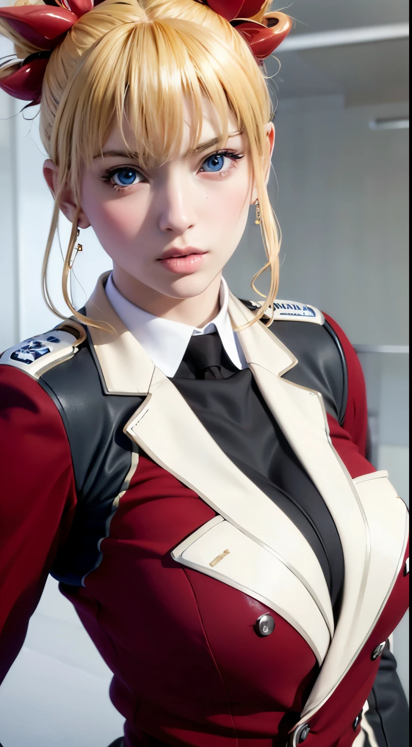 *8K masterpiece, Highest quality, Highest quality, Official Art, (Beauty and aesthetics: 1.3), Very detailed, realistic, Realism, photoRealism, photo-realistic, high contrast, (photorealistic:1.4), (perfect female figure), 8k high definition detailed realistic, (best quality, masterpiece:1.2), best quality, highly detailed, 1girl, looking at the viewer, upper body, from front, red clothing, school uniform, blazer, grumpy, big breasts, blonde hair, Blue eyes, pale skin, 