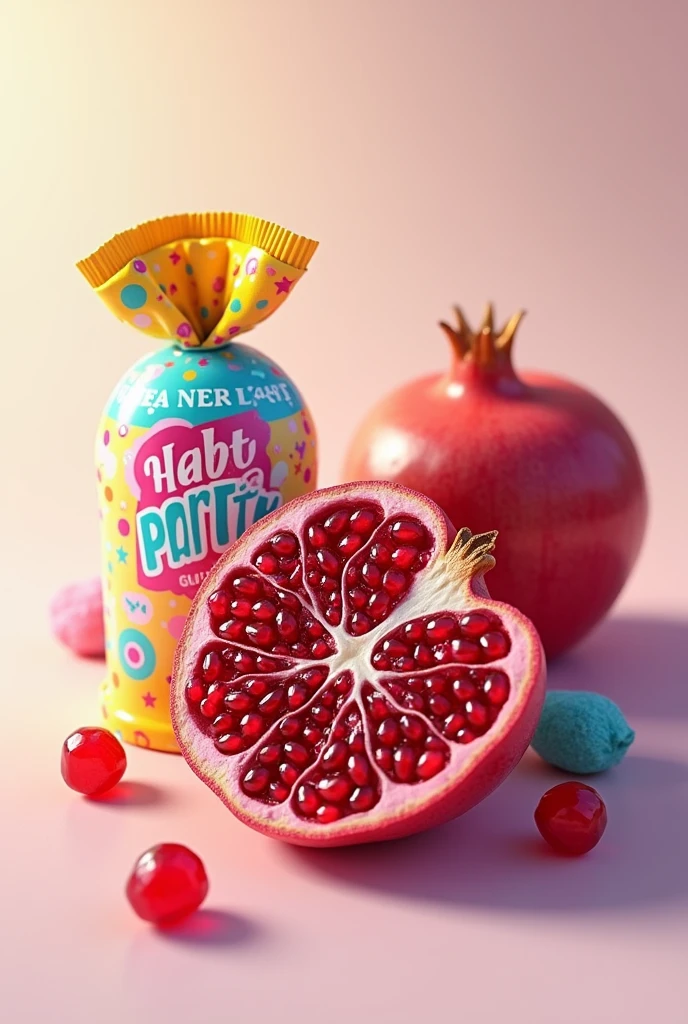 Create a half sweet candy wrapper image, party candy and half a pomegranate fruit