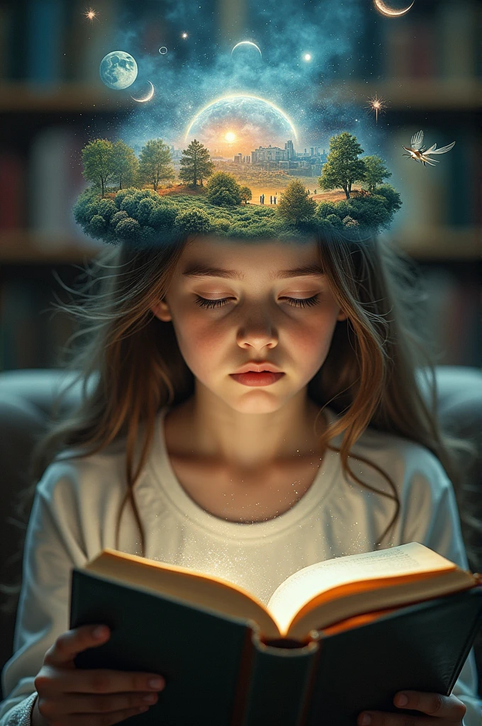holistic and partial photo that have girl who's reading books and her head or brain is has fantasies 