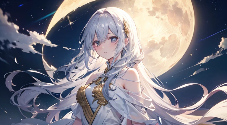 Highest quality、Very delicate、Long Hair、beautiful、ephemeral、hope、Dynamic Cloud、Silver Marble Skin、night、Golden light、Lonely、moonlight