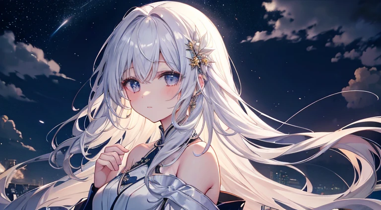 Highest quality、Very delicate、Long Hair、beautiful、ephemeral、hope、Dynamic Cloud、Silver Marble Skin、night、Golden light、Lonely、moonlight