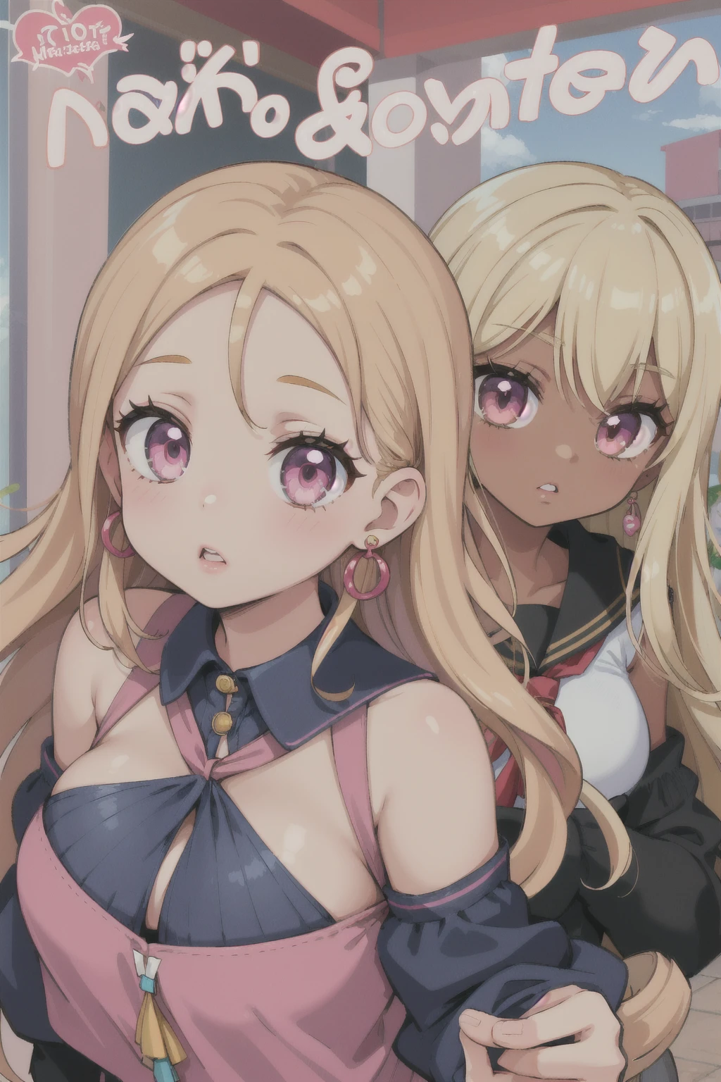 (masterpiece, best quality), 1girl, nude, Miss, Tall, Fit, Square Face, Dark Skin, blonde Hair, pink Eyes, Straight Nose, full Lips, Receding Chin, Long Hair, Wavy Hair, gyaru hair, full breasts, earrings, lipstick, gyaru, gyaru loose school clothes, vibrant colors,