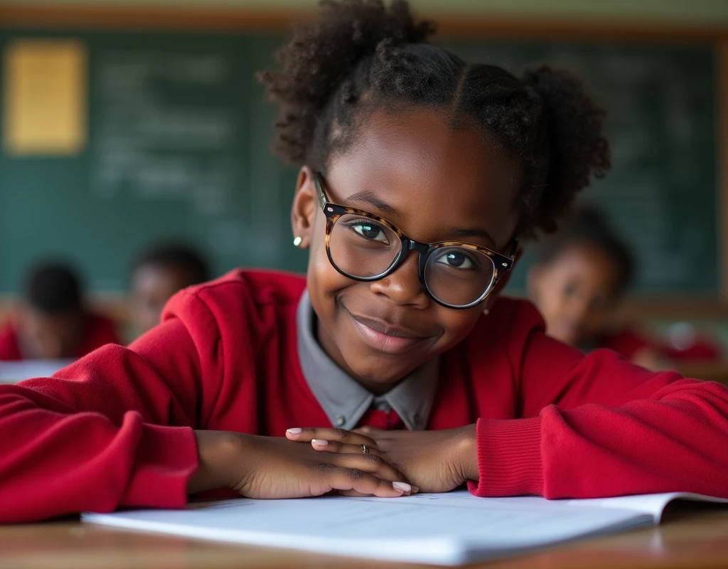 Developing cultural and intellectual skills, education according to the curricula prescribed for students , receiving information in the classroom, a close-up picture of a african student with glases wearing a red uniform sitting on a school desk, performing school assignments