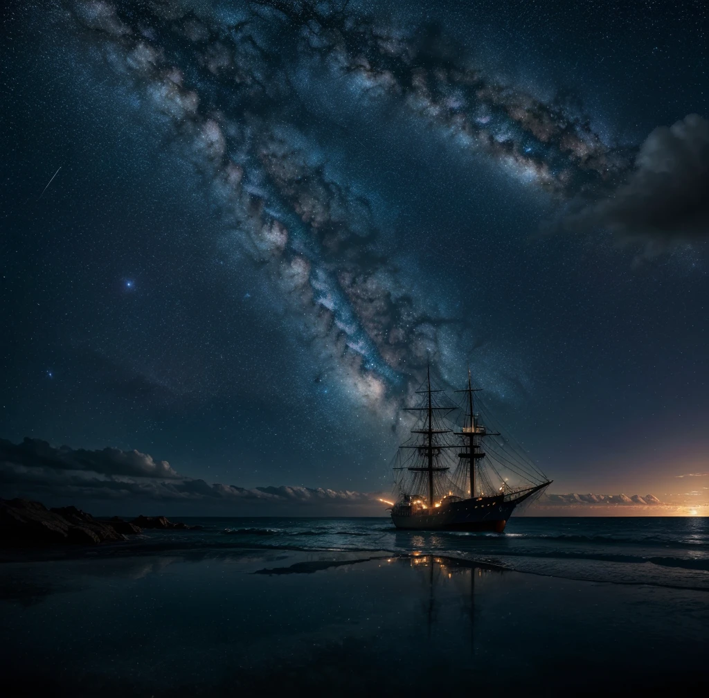 a realistic photo of a vivid transparent ghost ship flying to the middle of a starry sky, celestial, sky of colorful stars, fantasy theme, ship riding on the cloud, ship appear from the sky, cinematic lighting, vibrant lighting, dramatic atmosphere, highly detailed, 8k, photorealistic, intricate details, 1 ship, night sky, dramatic lighting, dramatic clouds, stars shining brightly, milky way galaxy in background, realistic water reflections, dramatic lighting and shadows, dramatic composition, beautiful colors and tones