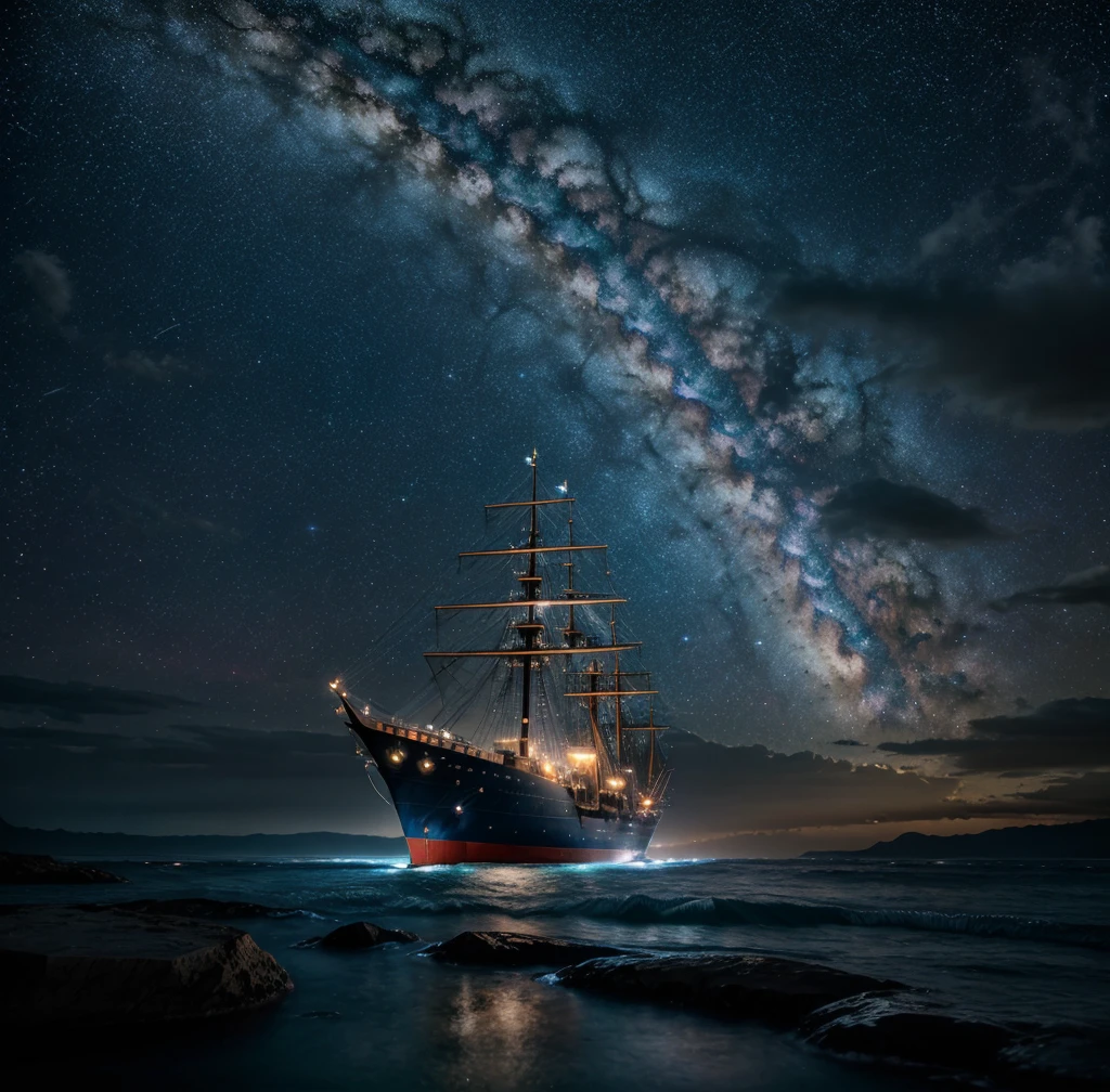 a realistic photo of a vivid transparent ghost ship flying to the middle of a starry sky, celestial, sky of colorful stars, fantasy theme, ship riding on the cloud, ship appear from the sky, cinematic lighting, vibrant lighting, dramatic atmosphere, highly detailed, 8k, photorealistic, intricate details, 1 ship, night sky, dramatic lighting, dramatic clouds, stars shining brightly, milky way galaxy in background, realistic water reflections, dramatic lighting and shadows, dramatic composition, beautiful colors and tones
