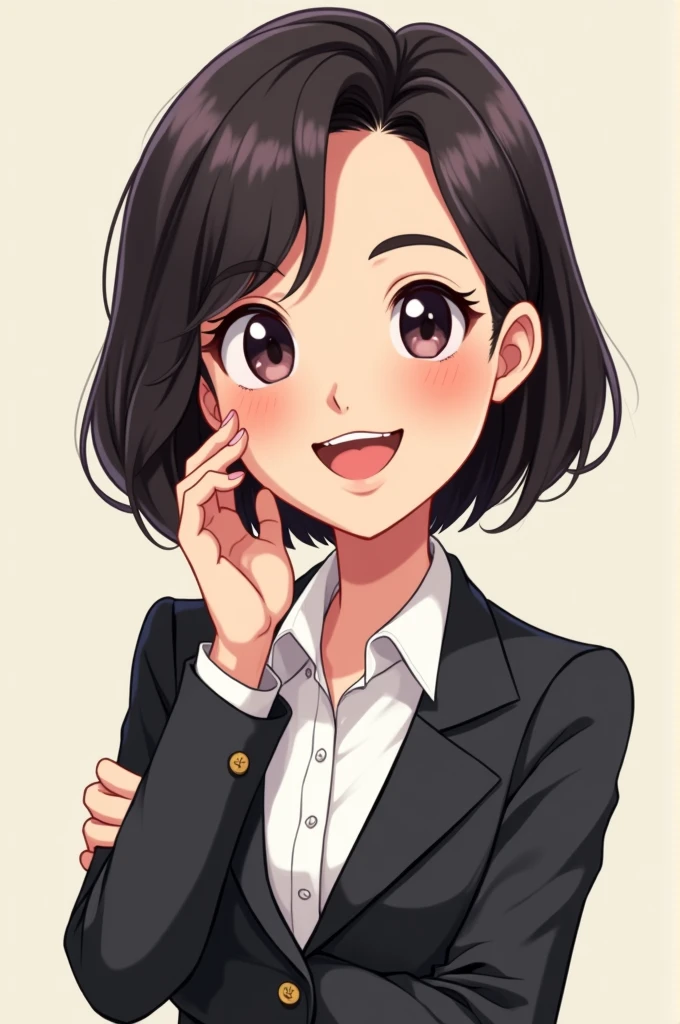 "Create a cartoon-style portrait of a warmly smiling woman. She has short dark hair and is wearing a professional outfit., including a blazer. The background should be simple and clear to keep the focus on your happy expression.. The woman must have a friendly and welcoming attitude, with the hand gently touching the cheek.