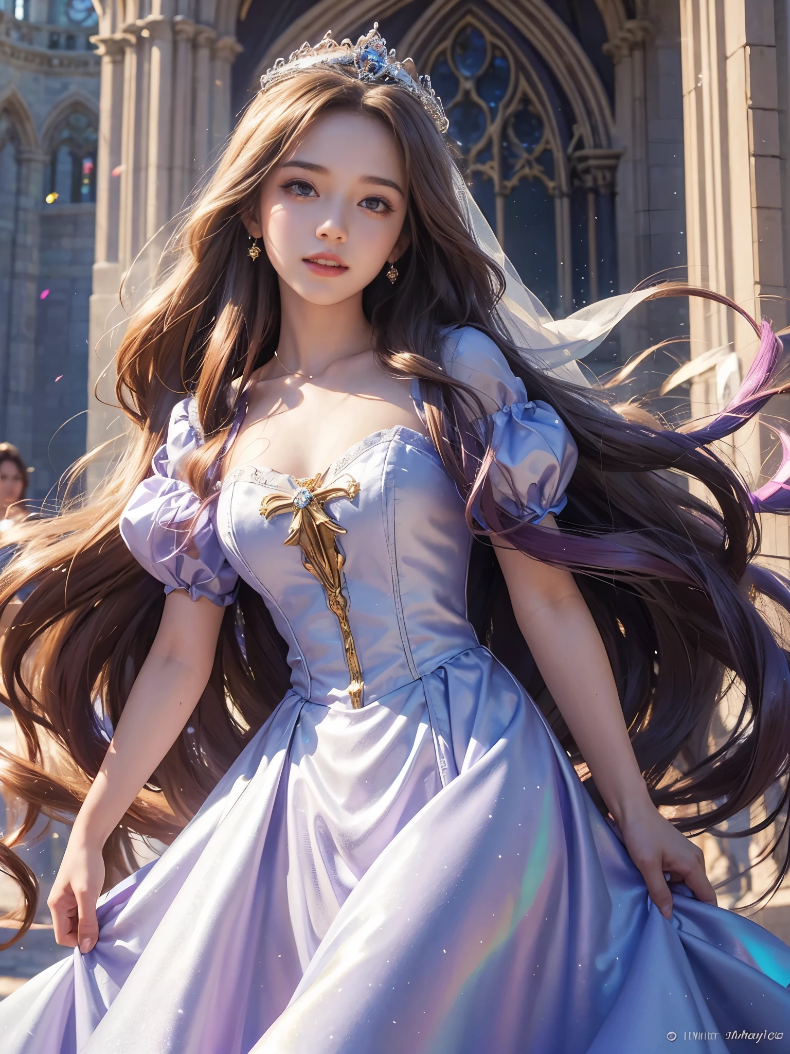 best quality, masterpiece, 1 girl, long hair, A huge laugh, cute , shiny lips, sweet, sun glare, Conservative attire, Disney Princess Rapunzel, Purple dress, Bridal Tiara, depth of field, blurred background, Cathedral Background, light particles, strong wind, head tilt