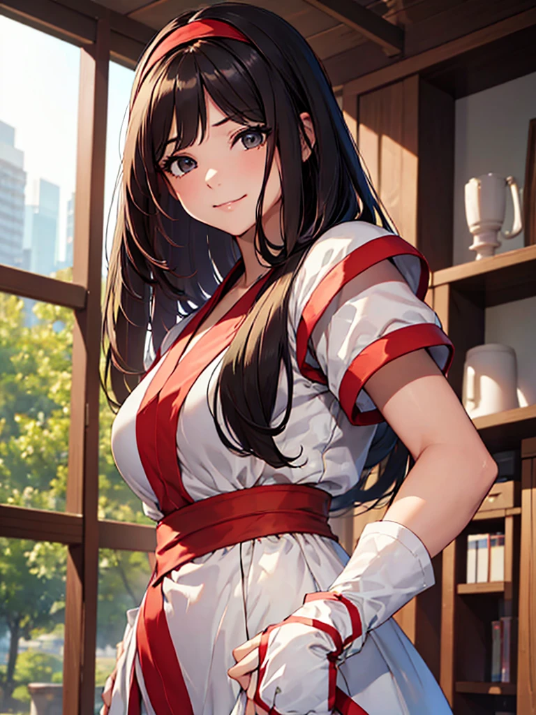 (​masterpiece、top-quality、hight resolution、Unity 8k、extremely details CG:1,Best Picture), ((red ribbon)), hair band, small breasts, fingerless gloves , short sleeves, A young woman with a delicate and pure appearance, characterized by a modest hairstyle and minimal makeup. She exudes an aura of innocence, with a soft, almost shy smile, "A seductive woman posing provocatively, fully aware that this photoshoot will be used as 'Masturbation material.' Her expression is one of playful acceptance, with a hint of a knowing smile."