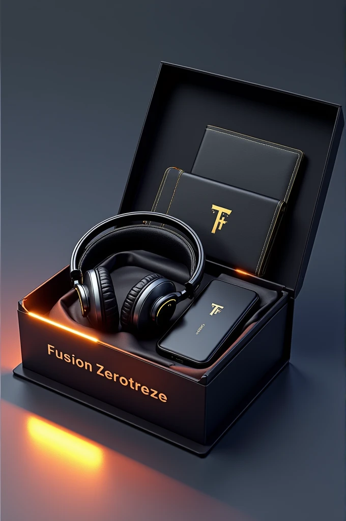Opened gift box with Fusion Zerotreze written on it, coming out of it a headset, A cell phone, a black and gold diary