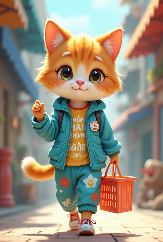 Make my facebook profile picture a girl, she wears youthful clothes, personality blue white and yellow, on the clothes there is Vietnamese writing " Consumption 369 " , her face is the face of a cute cat, she has a shopping basket