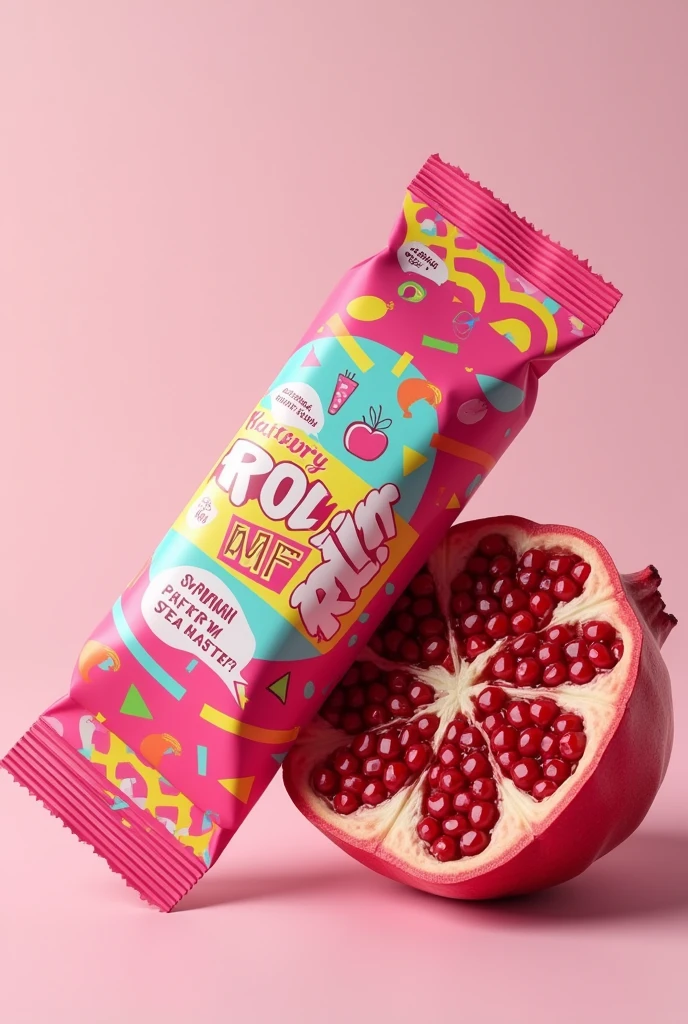 Create a half sweet candy wrapper image, party candy and half a pomegranate fruit