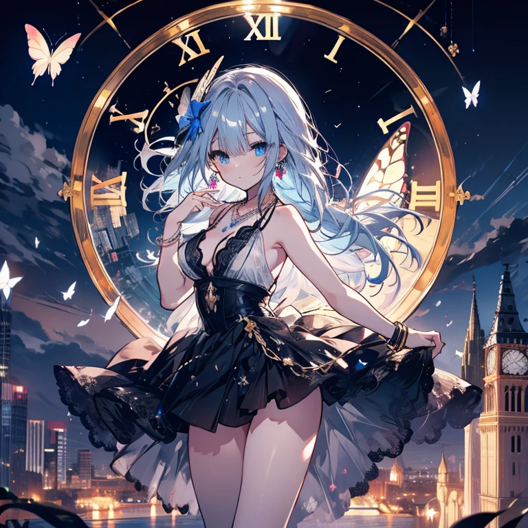 1 person、Mature、Ample breasts、Long Hair、Long eyelashes、Blue Eyes、ballerina、ballerinaの衣装、Tutu、Miniskirt、necklace、bracelet、Earrings、Lace fabric、dance、In front of the clock tower、Night Sky、gem、Butterflies fluttering、Braided、Bust-up perspective、High resolution、Highest quality