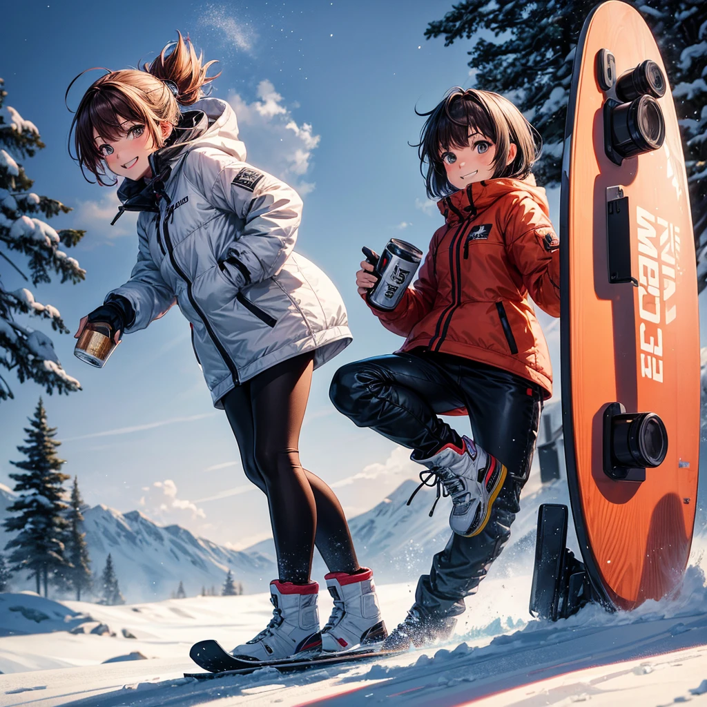 anime, Tabletop, Highest quality, 8k_wallpaper, Cute girl, Grey outerwear, smile, Brown short hair, Doing snowboarding, Holding a beer in hand