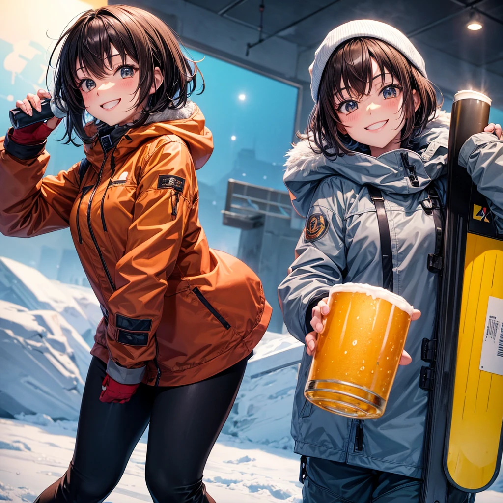 anime, Tabletop, Highest quality, 8k_wallpaper, Cute girl, Grey outerwear, smile, Brown short hair, Doing snowboarding, Holding a beer in hand