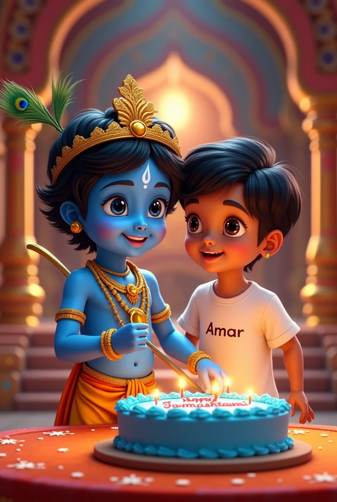 A highly detailed and vibrant animated scene inside a beautifully decorated temple, featuring two young children celebrating Janmashtami. The first child, resembling Lord Krishna in his childhood form, has blue skin, a peacock feather crown, and golden jewelry. He is smiling while cutting a blue cake with the text "HAPPY JANMASHTAMI" written on it. The second child, dressed in a white T-shirt with "AMAR" printed on it, has a natural skin tone and stylish black hair. The background showcases a richly decorated temple with lights, intricate patterns, and festive decorations, creating a joyful and spiritual atmosphere. The children’s expressions are joyful, capturing the essence of the celebration.