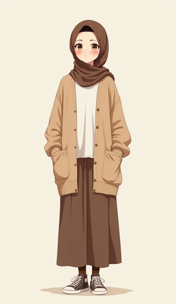 Anime with text:
Cute anime girl, beautiful face, detailed eyes, wearing a brown hijab, oversized beige cardigan, white shirt, brown skirt, brown socks, sneakers, full body view, standing straight
