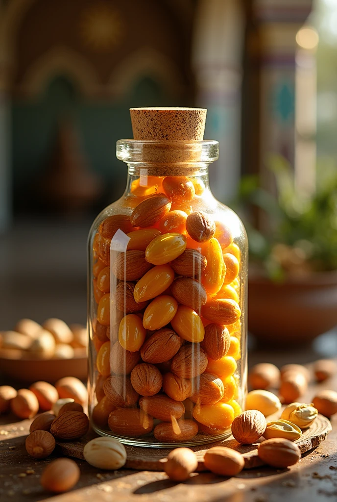 Mixed colourfully red, green, orange, blue Honey Nuts in bottle photo with Islamic background  Mixed honey almonds are oozing honey attractively from the bottle