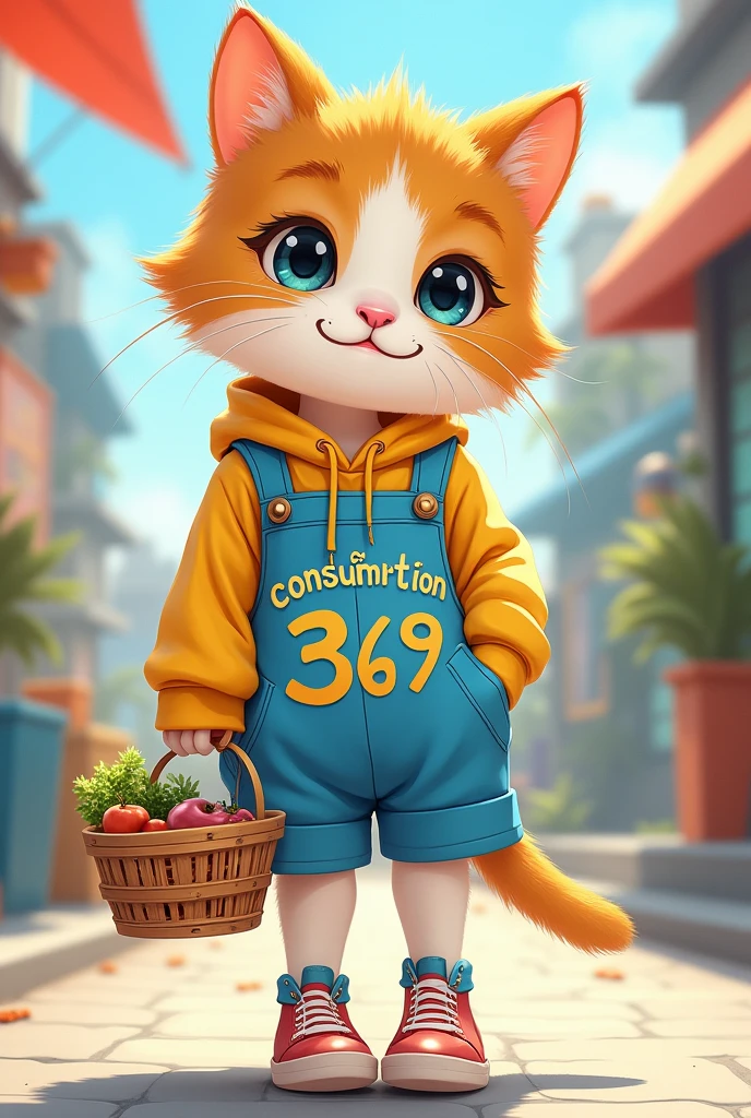 Make my facebook profile picture a girl, she wears youthful clothes, personality blue white and yellow, on the clothes there is Vietnamese writing " Consumption 369 " , her face is the face of a cute cat, she has a shopping basket