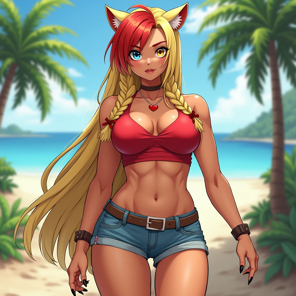 Heroine Very muscular woman body builder body of a professional fighter athletic great physical attributes brown skin with tanned tiger spots she has sun marks from her bra and  panties in Vê, She is blonde with long hair with a single red fringe and has two long braids and cat ears., It has eyes of two different colors, the left one is pool blue and has a pool blue sclera, the right one is yellow and has a yellow sclera, both eyes have a cat's pupil, has black claws on its nails, she has a heart collar around her neck, She is wearing very typical Brazilian clothing, a red women's tank top, denim shorts and flip-flops.. Art style Vtuber 2.5D. Oriental art with muscular body type 