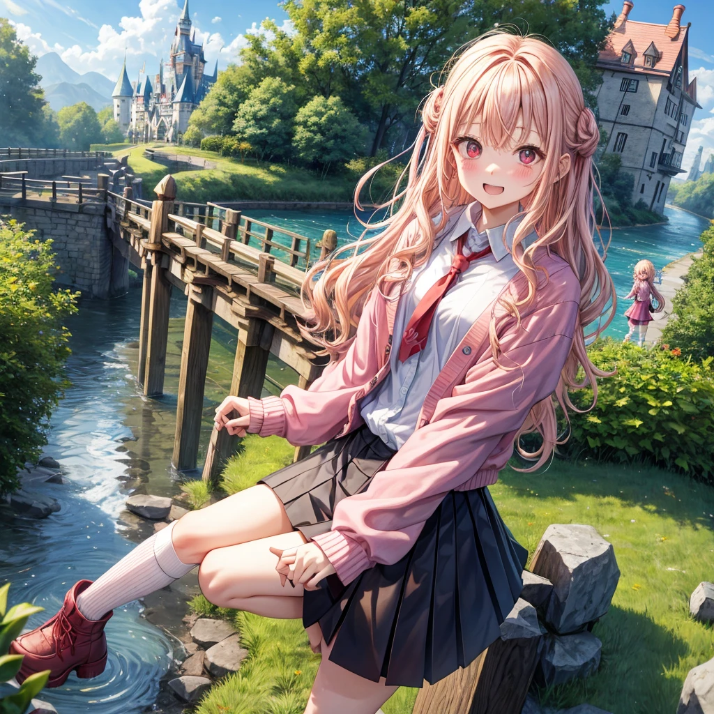 Pink Blonde、Red eyes、Wavy Hair、Hair tied up、Two cute、Checked mini skirt、black t-shirts、cardigan、Knee-high socks、Teeth are visible、Monster Castle、Tilting face、windmill、grass、Stones are growing out of the ground.、Holding hands with a teddy bear、In front of the city gates、Underground tunnels、Waterway、Wooden bridge、The stone is cracked
