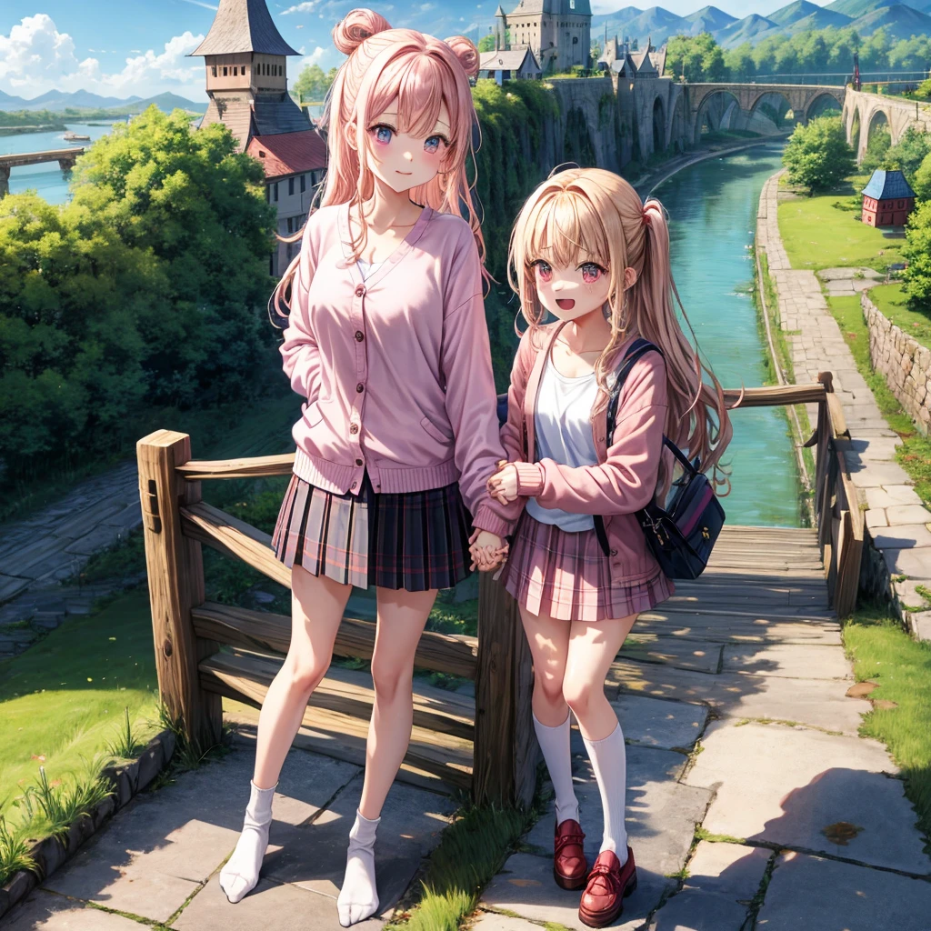 Pink Blonde、Red eyes、Wavy Hair、Hair tied up、Two cute、Checked mini skirt、black t-shirts、cardigan、Knee-high socks、Teeth are visible、Monster Castle、Tilting face、windmill、grass、Stones are growing out of the ground.、Holding hands with a teddy bear、In front of the city gates、Underground tunnels、Waterway、Wooden bridge、The stone is cracked