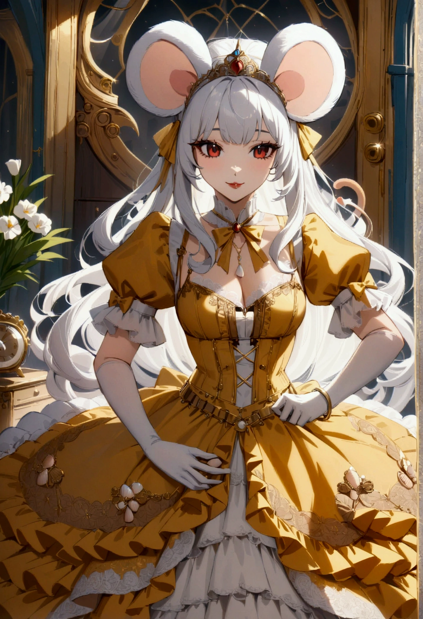 (best quality,4k,8k,highres,masterpiece:1.2), ultra-detailed, Pretty anthropomorphic mouse girl has a princess, drawn in anime style, steampunk, wearing a yellow princess gown with puffy sleeves, steampunk, gorgeous frilly dress design,flowing gown,elaborate lace details,rich textures,contrast stitching,delicate ribbon bows, fish scales pattern accents, flowers embroidery, full skirt,short sleeves,fitted waistline,flared cuffs,lace-up back,luxurious fabrics,flawless silhouette, long curly white hair and red eyes, white fur, smiling, mouse ears and tail, high heels, white elbow evening gloves, gold bracelets, tiara made of seashells, beautifully detailed lips with lipstick, long eyelashes, eyeshadow, seashell necklace, in a castle bedroom with intricate decoration and luxurious furniture, flower wallpaper, she is happily checking her new princess dress.