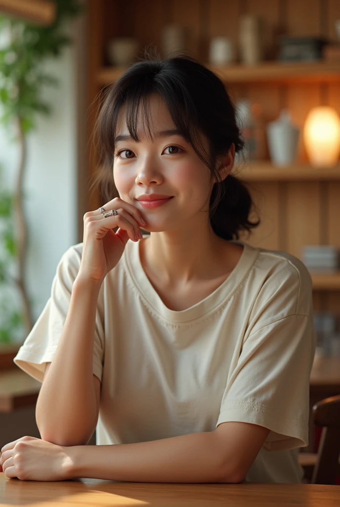 Japanese women、cafe shop、fair skin、Big Breasts、single eyelid、Year: 35、Moderate、T-shirt、wedding ring、salfie