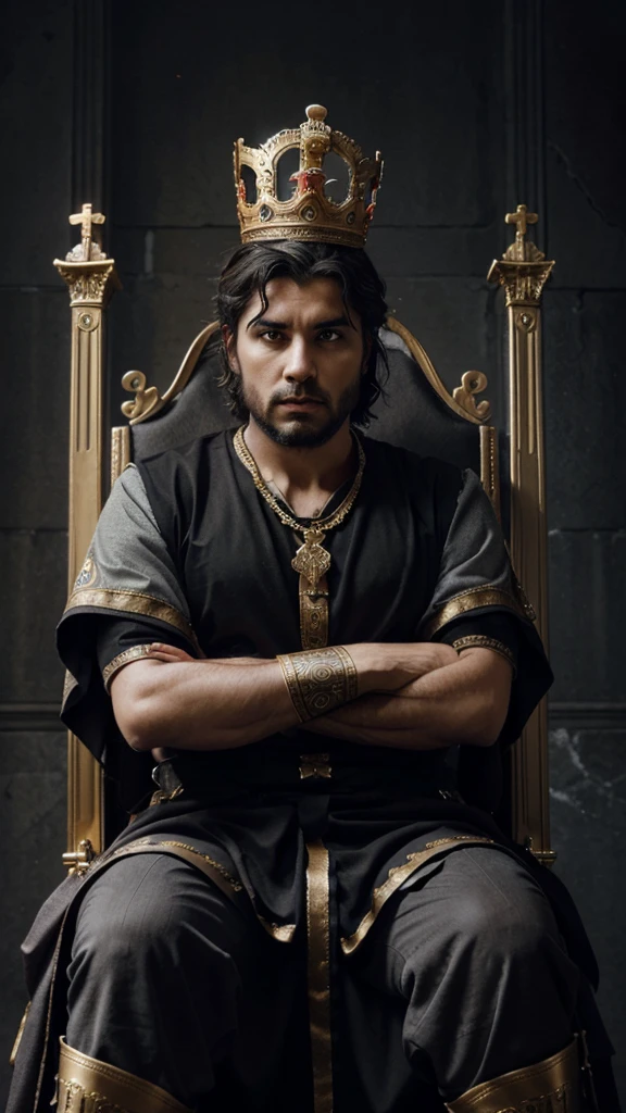roman king with sitting on throne, crown on his head, sitting on his throne, short dark grey hair, looking straight at you, dark fantasy theme, background with roman architecture