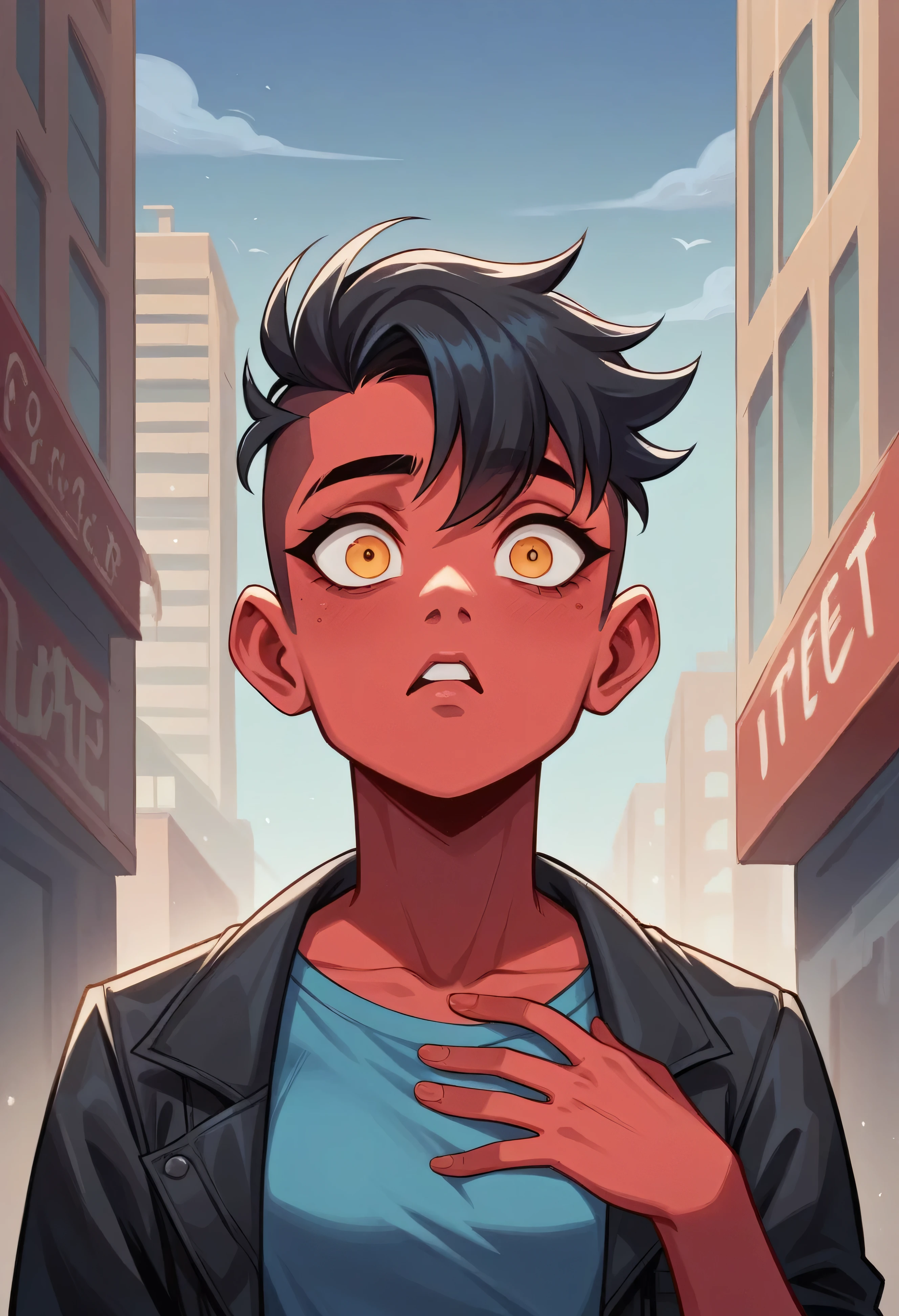 {4k image}, Comic book style illustration of Redna Clareta, a girl from the universe of Orios. She has red skin and an athletic build, with her eyebrows raised high in surprise, depicting happiness. Her hair is dark black, cut in a square style, framing her amber eyes. She is wearing a casual blue sweatshirt(black jacket and blue t-shirt, ). The background is an urban setting of Heavenia city, resembling early 21st century Earth but with futuristic elements. The style emphasizes her astonished expression and vividly portrays the surroundings.