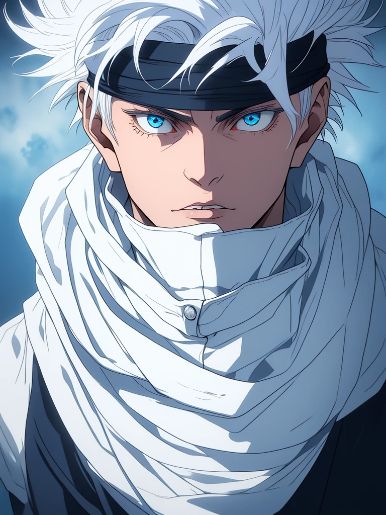 gojou satoru, 1boy, male focus, solo, full body, blue eyes, blindfold, white hair, night, one eye covered, parted lips, high collar, looking at viewer,