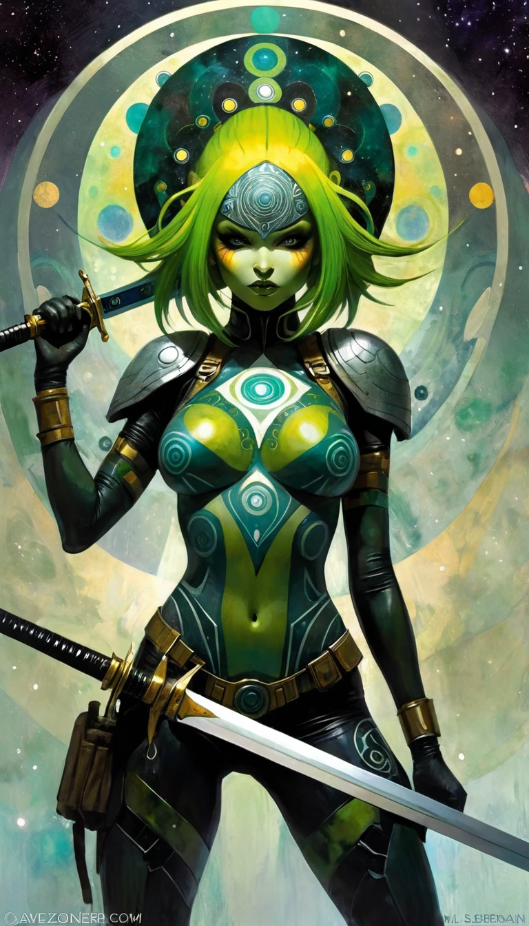 1girl, alone, MANdALA fractal black and green body paint, sexy, multicolored hair galactic soldier holding a galactic mandala gray sword with both hands, mandala helmet and ready to attack aggressively, ZZZ, ZENLESSZONEZERO, art inspired by Bill Sienkiewicz and Dave McKean