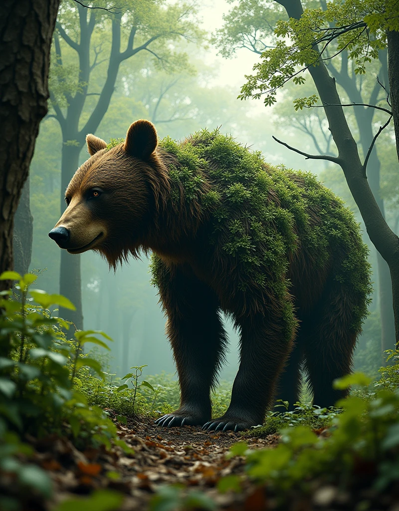 Imagine a fantastical forest scene. Amidst the verdant spread of towering trees, the branches mysteriously intertwine to shape the figure of a bear. The natural elements seem to be orchestrated in such a way that they artistically embody this creature of the wild.