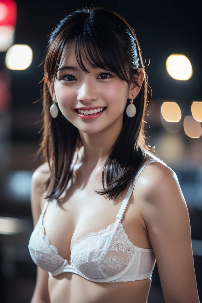 (8k, RAW Photos,Highest quality, High resolution:1.1), (Ultra-realistic:1.4),(Realistic:1.4), Realistic Face,Realistic Body,Realistic Skin,masterpiece,(cute:1.8), Japanese, ((White bra)), Upper Body, Beautiful dark eyes,Innocent eyes,Cinema Lighting,Film Grain,jewelry,Earrings,((Medium Hair:1.1)),Cherry colored lips,Hair Ribbon,ponytail,Audience,Long Hair,,Open your lips,Upper teeth, (Smiling Eyes:0.6),((Grin:1.3)),Blurred Background, Eye focus , Bokeh,young, 85mm lens, Photon Mapping,Radio City,
