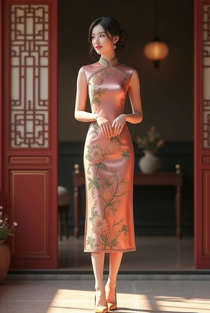 Chinese cheongsam for women,Medium length cheongsam,High heel