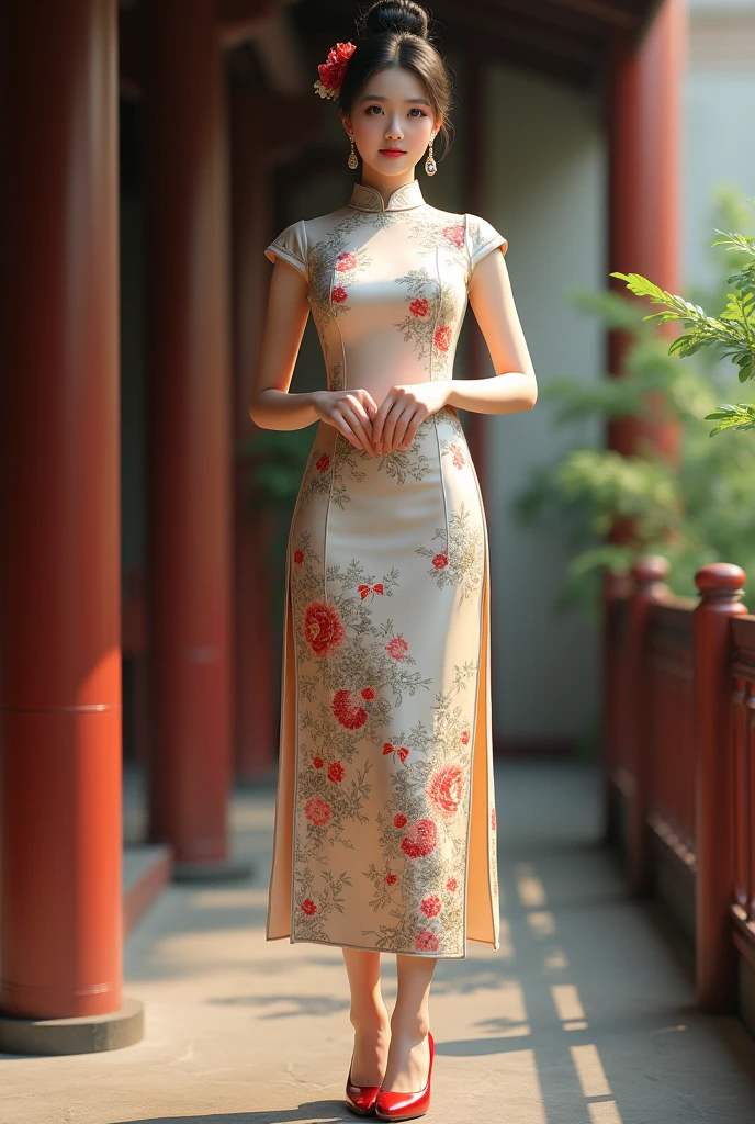 Chinese cheongsam for women,Medium length cheongsam,High heel