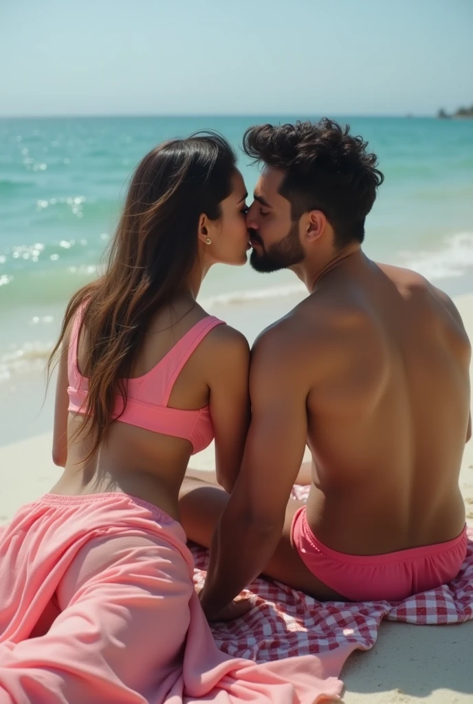 A Pakistani girls sit besides Beach Wear underwear and Brazzer of pink color laid on the beech in doggy with a guy who put hi hand on his Brazzer and romance with her and kiss her neck