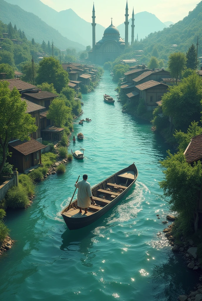 In a beautiful village, a man goes to the mosque in a boat in the midst of a terrible flood