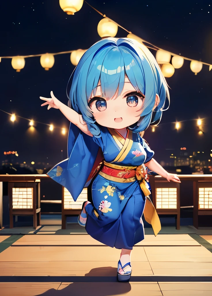 (((Dance Band)))、Blue-haired chibi character、A beautiful depiction using tens of thousands of colors、masterpiece、Ultra HD、super high quality、8k、(((ミキシングしながら踊ってるBlue-haired chibi character)))、A delicate and cool sari-style outfit combined with a Japanese festival theme