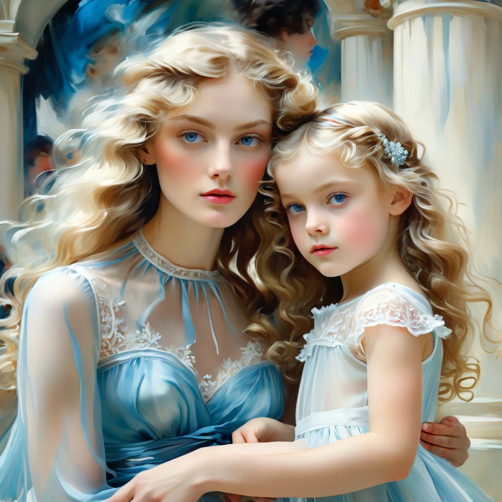 Girl with long wavy blonde hair, holds one small child in his arms, with blue eyes, Beautiful, how fashionable , She is wearing an azure transparent chiffon dress with white lace, the style of the artist John Singer Sargent, eye contact, 8 K,12K,Girl with long wavy blonde hair, holds one small child in his arms, with blue eyes, Beautiful, how fashionable держит ребенка , She is wearing a white transparent chiffon dress with white lace, the style of the artist John Singer Sargent, eye contact, 8 K,12K,