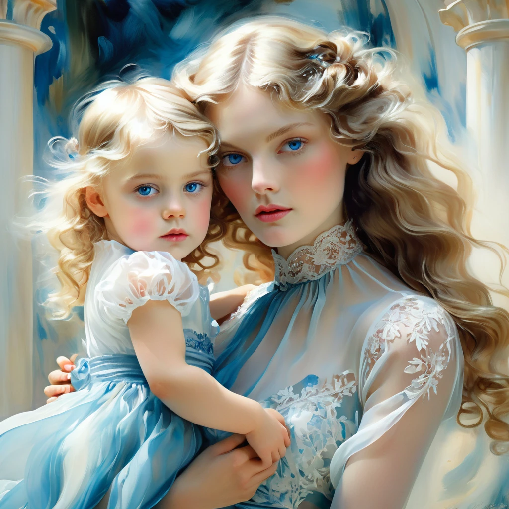 Girl with long wavy blonde hair, holds one small child in his arms, with blue eyes, Beautiful, how fashionable , She is wearing an azure transparent chiffon dress with white lace, the style of the artist John Singer Sargent, eye contact, 8 K,12K,Girl with long wavy blonde hair, holds one small child in his arms, with blue eyes, Beautiful, how fashionable держит ребенка , She is wearing a white transparent chiffon dress with white lace, the style of the artist John Singer Sargent, eye contact, 8 K,12K,