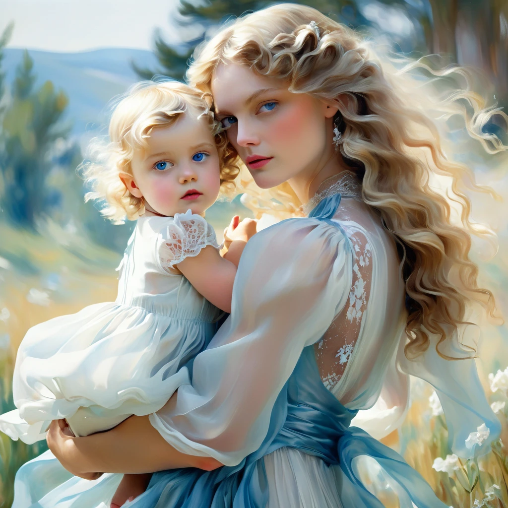 Girl with long wavy blonde hair, holds one small child in his arms, with blue eyes, Beautiful, how fashionable , She is wearing an azure transparent chiffon dress with white lace, the style of the artist John Singer Sargent, eye contact, 8 K,12K,Girl with long wavy blonde hair, holds one small child in his arms, with blue eyes, Beautiful, how fashionable держит ребенка , She is wearing a white transparent chiffon dress with white lace, the style of the artist John Singer Sargent, eye contact, 8 K,12K,