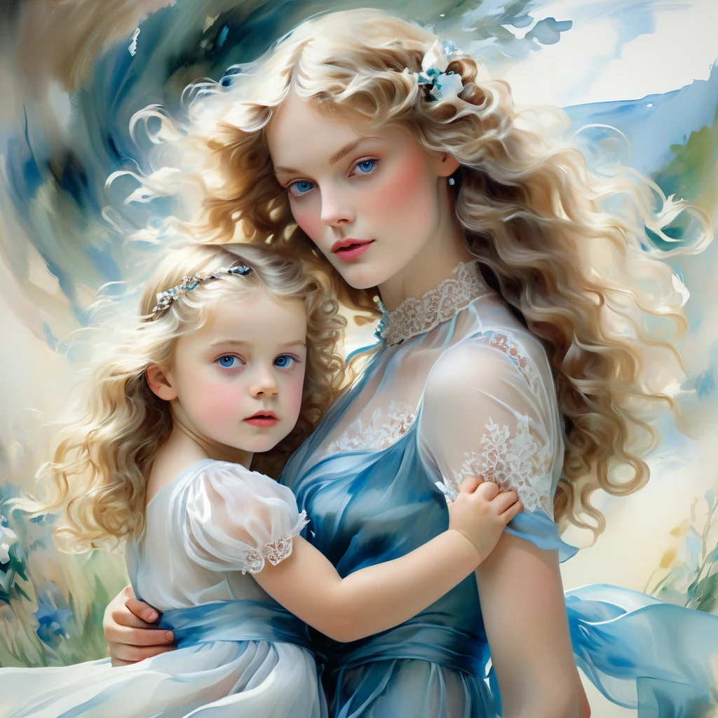 Girl with long wavy blonde hair, holds one small child in his arms, with blue eyes, Beautiful, how fashionable , She is wearing an azure transparent chiffon dress with white lace, the style of the artist John Singer Sargent, eye contact, 8 K,12K,Girl with long wavy blonde hair, holds one small child in his arms, with blue eyes, Beautiful, how fashionable держит ребенка , She is wearing a white transparent chiffon dress with white lace, the style of the artist John Singer Sargent, eye contact, 8 K,12K,